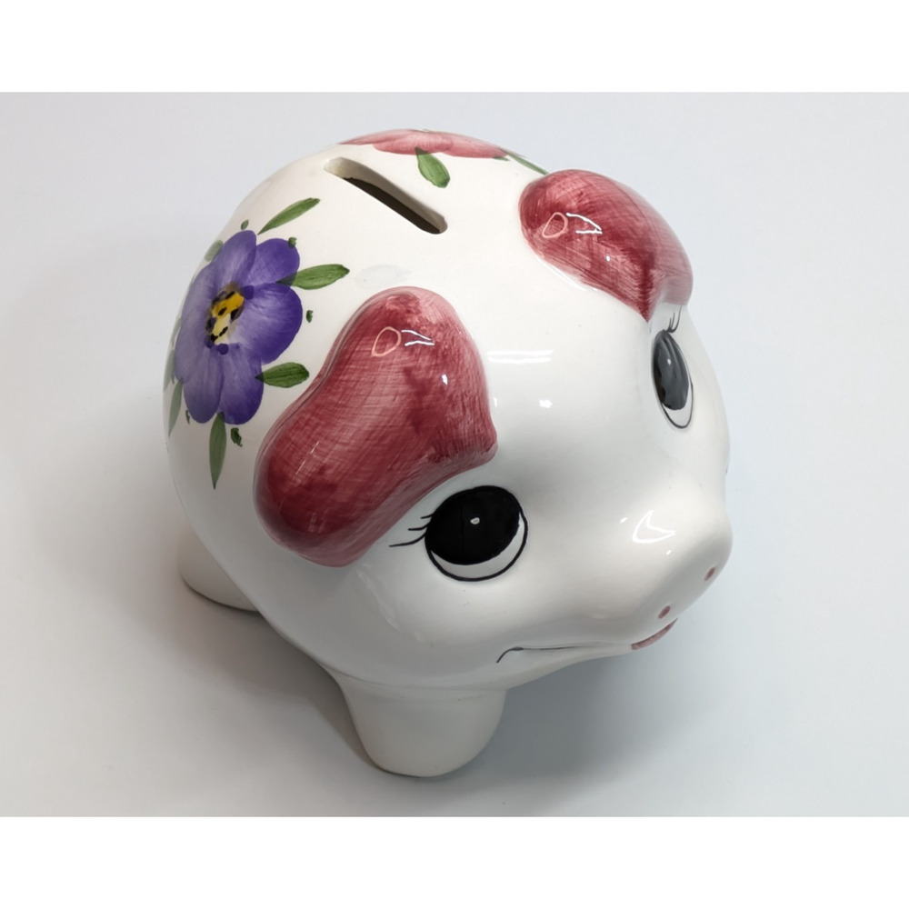 VTG Adorable Ceramic Piggy Bank Floral Flower Design Hand Painted 4.5" x 5.5"